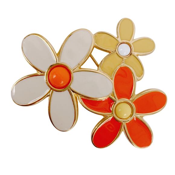 Signed Monet Mod Floral Brooch Earrings Set Gold Tone Enamel Vintage 1960s 1970s - Picture 4 of 12